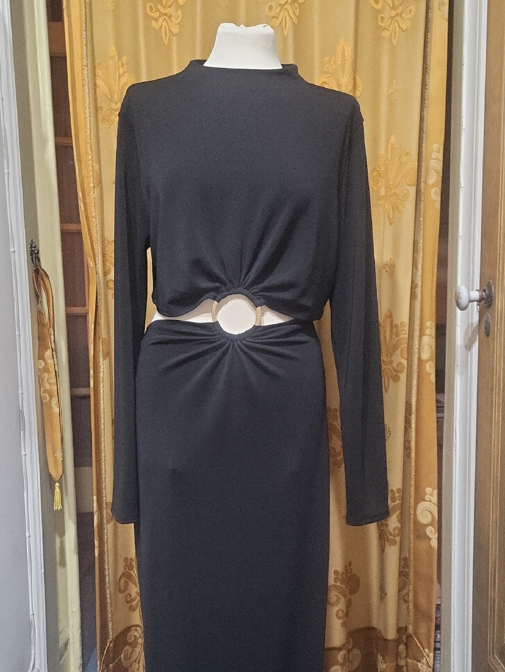 Black Long-Sleeve Maxi Dress with Waist Cutout and Ring Detail